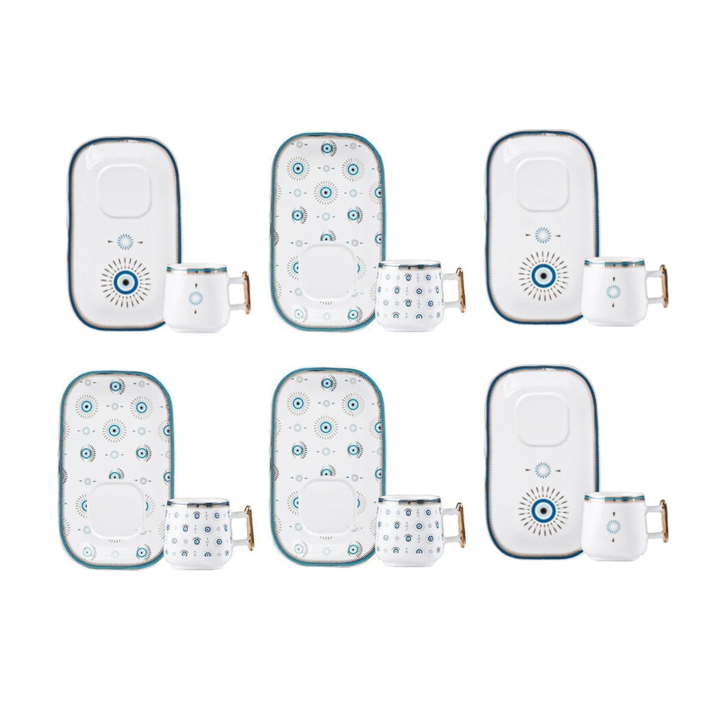 Service à thé artistique en porcelaine avec motif œil protecteur blanc – Vaisselle belle et symbolique