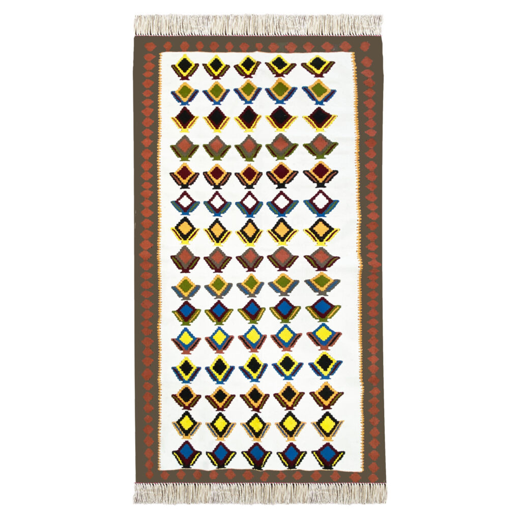 Tapis Kilim Persan en laine tissé à la main, géométrique blanc à Ardabil