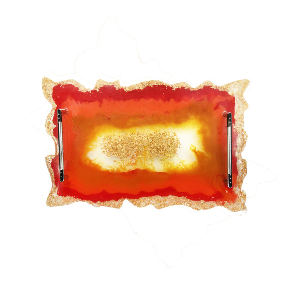 Plateau de Service en Résine Peint à la Main avec Poignées en Orange