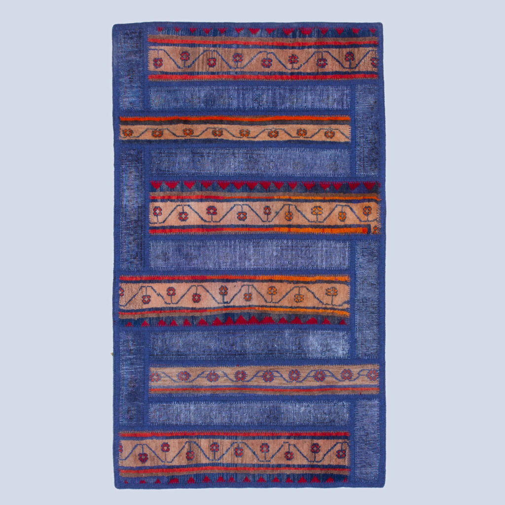 Tapis Persan Vintage Patchwork Noué à la Main Bleu