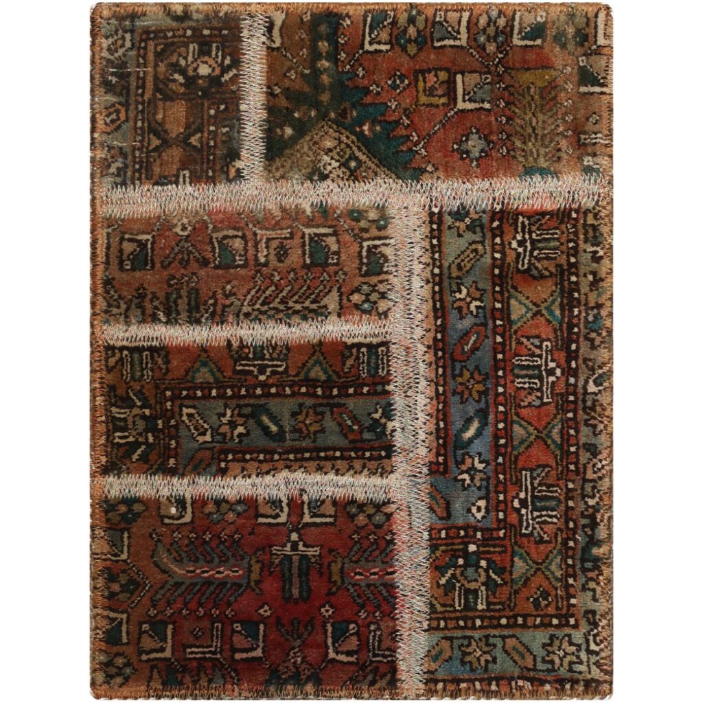 Tapis Persan Vintage Patchwork Noué à la Main Marron