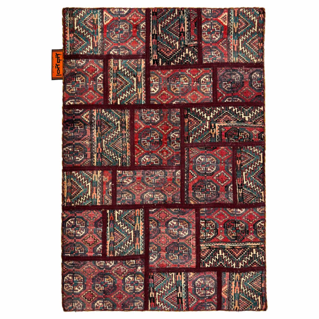 Tapis Persan Vintage Patchwork Noué à la Main Géométrique Rouge