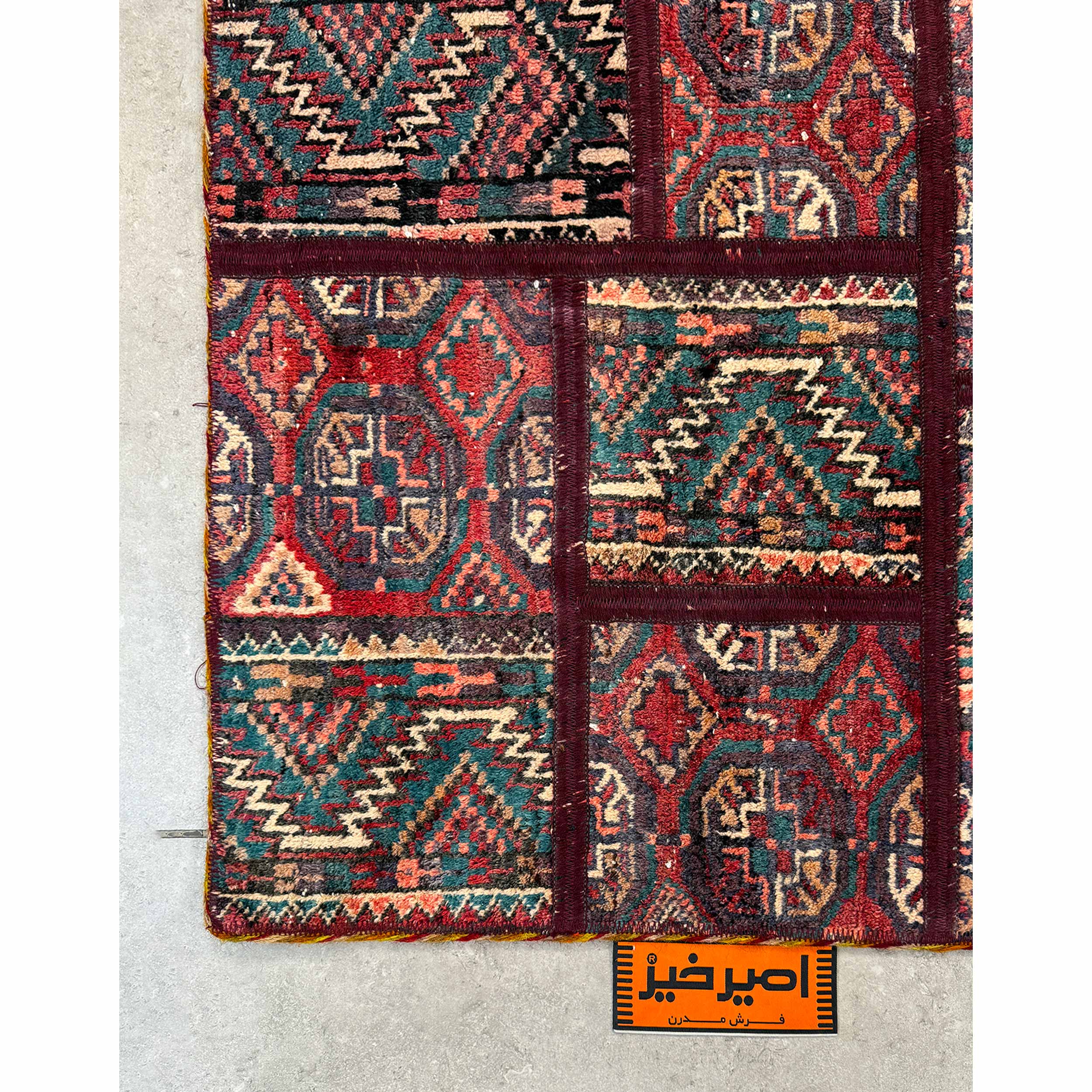 Tapis Persan Vintage Patchwork Noué à la Main Géométrique Rouge