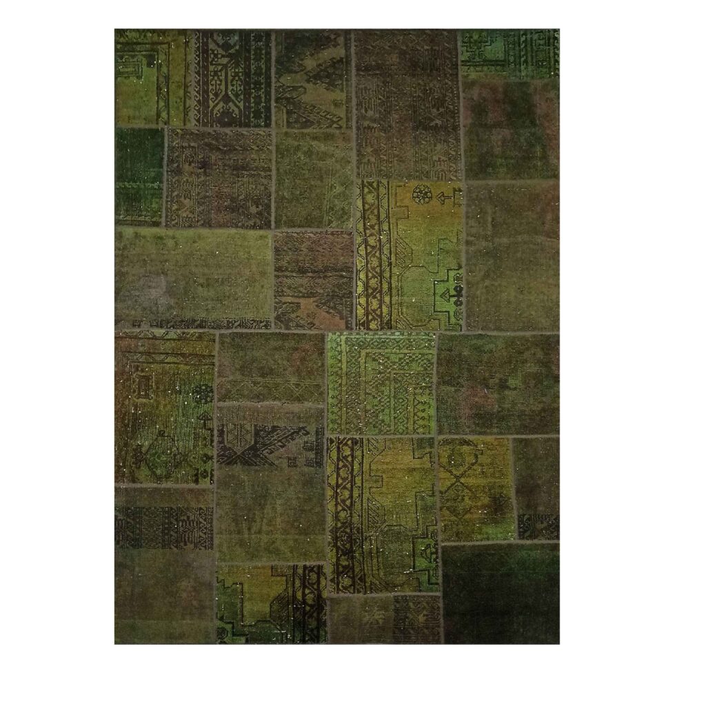 Tapis Persan Vintage Patchwork Noué à la Main Vert Sauge