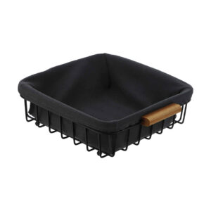 Panier noir en métal avec poignées en bois et doublure en tissu – Design élégant et durable