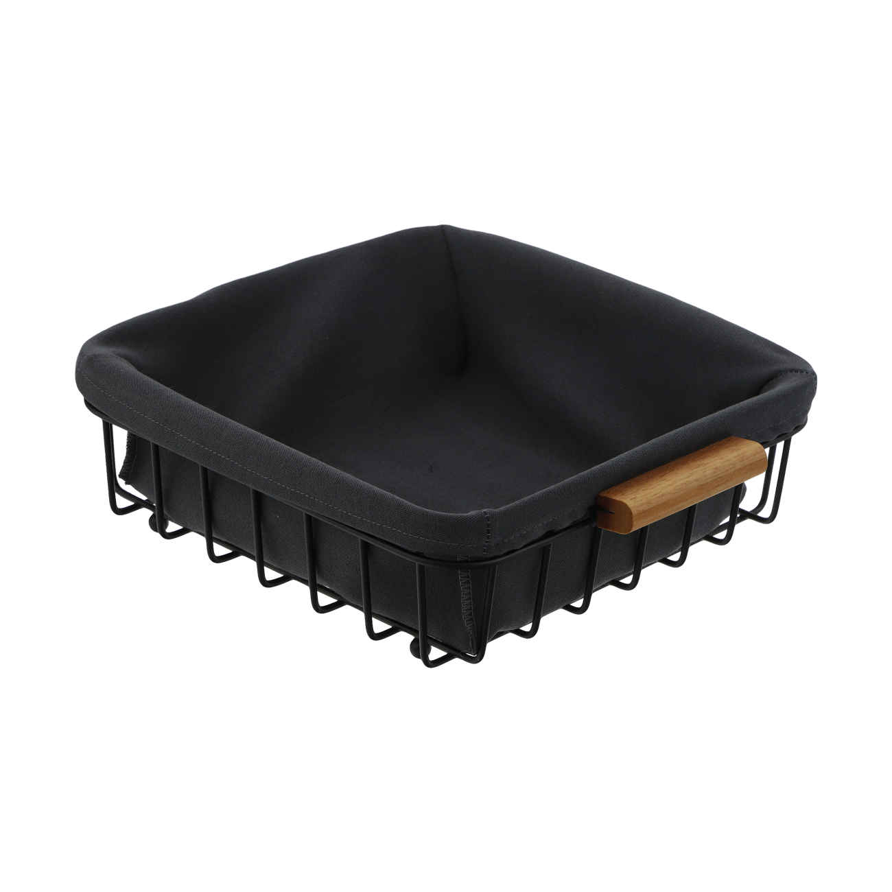 Panier noir en métal avec poignées en bois et doublure en tissu – Design élégant et durable