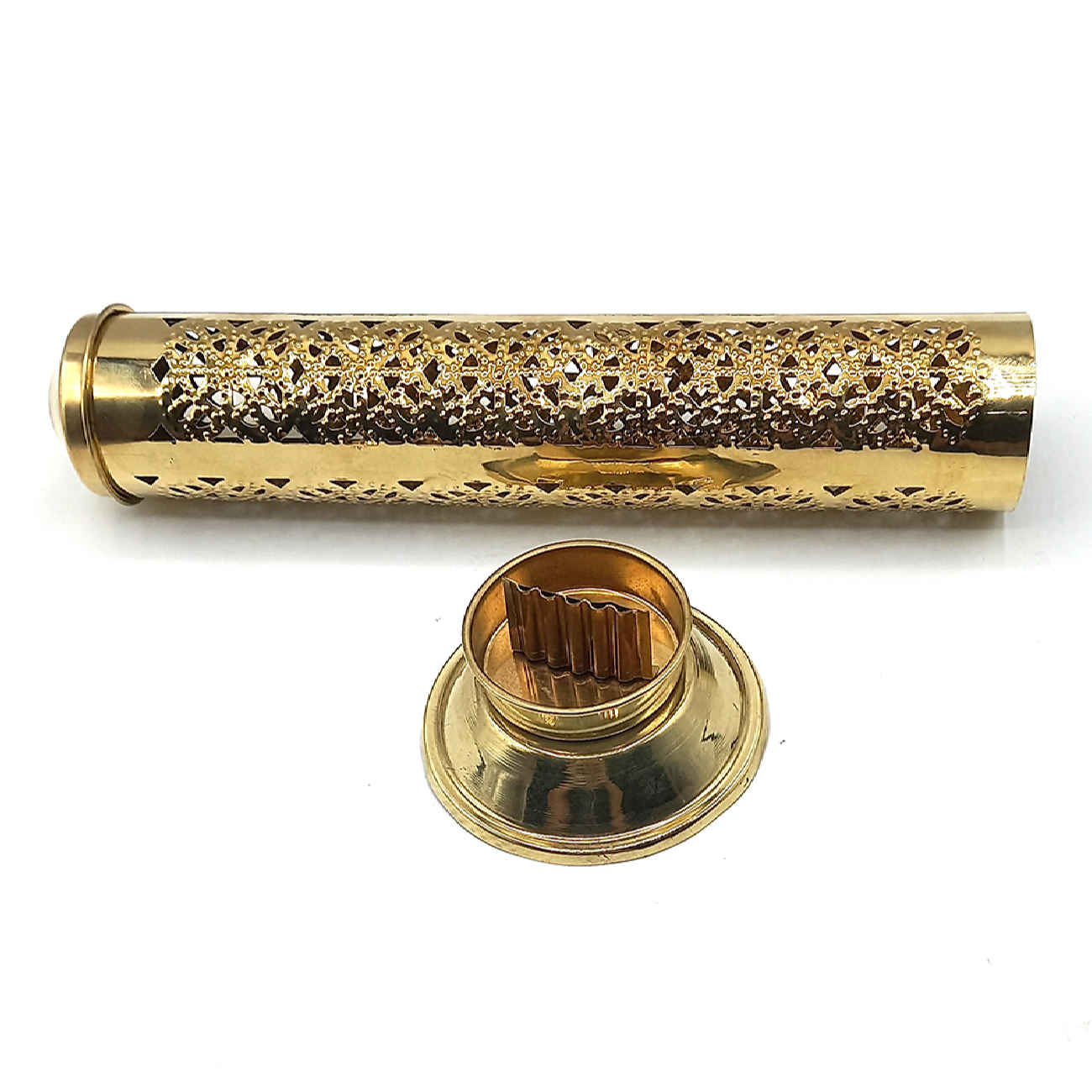 Porte-encens en laiton – Artisanat fait main avec design cylindrique doré