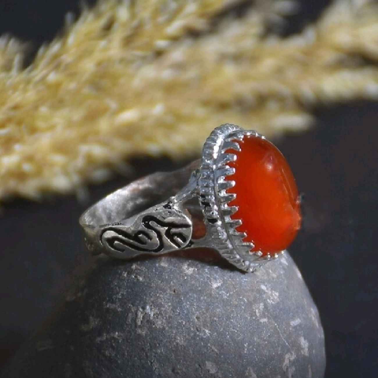 Bague en argent Islamique pour homme avec pierre Agate et design Ya Ali
