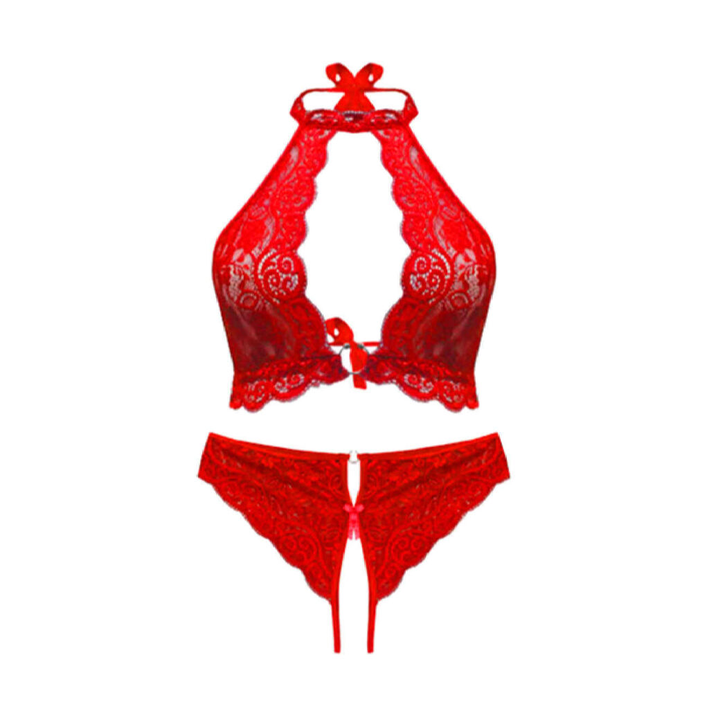Ensemble soutien-gorge et culotte en dentelle - En dentelle rouge audacieuse avec col halter