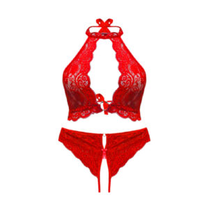 Ensemble soutien-gorge et culotte en dentelle – En dentelle rouge audacieuse avec col halter