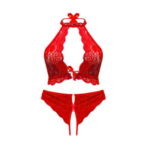 Ensemble soutien-gorge et culotte en dentelle – En dentelle rouge audacieuse avec col halter