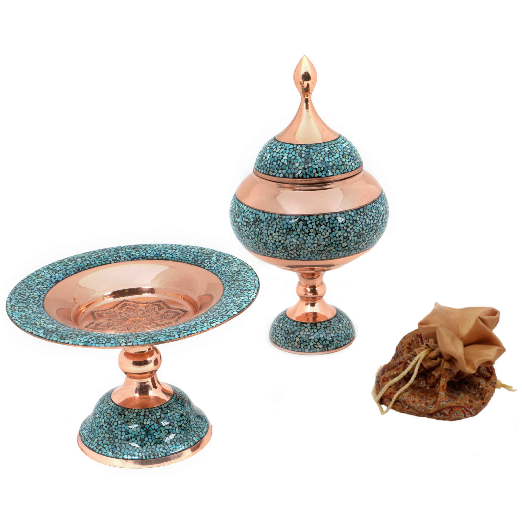 Coffret d’Art Persan – Bol à Chocolat & Pâtisserie Incrusté en Turquoise