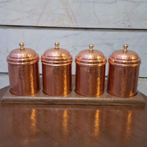 Set de boîtes de cuisine en cuivre persan martelé fait main pour épices & aliments secs - 4 pièces