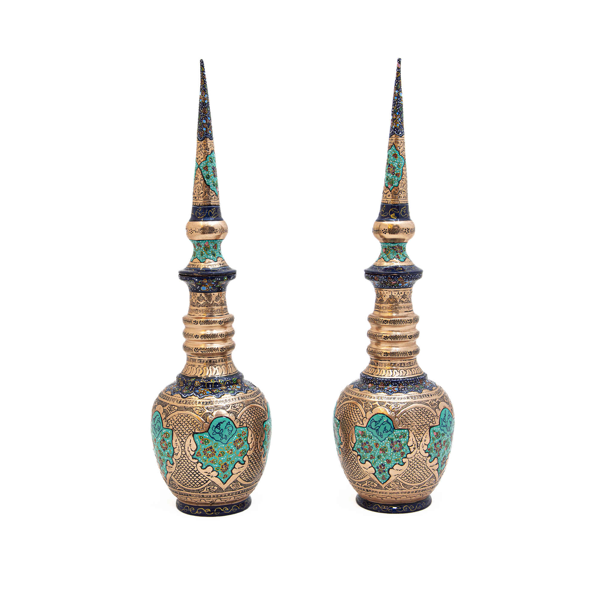 Bouteille décorative en cuivre décorative persane - Gravée avec placage argenté et design illuminé (lot de 2)