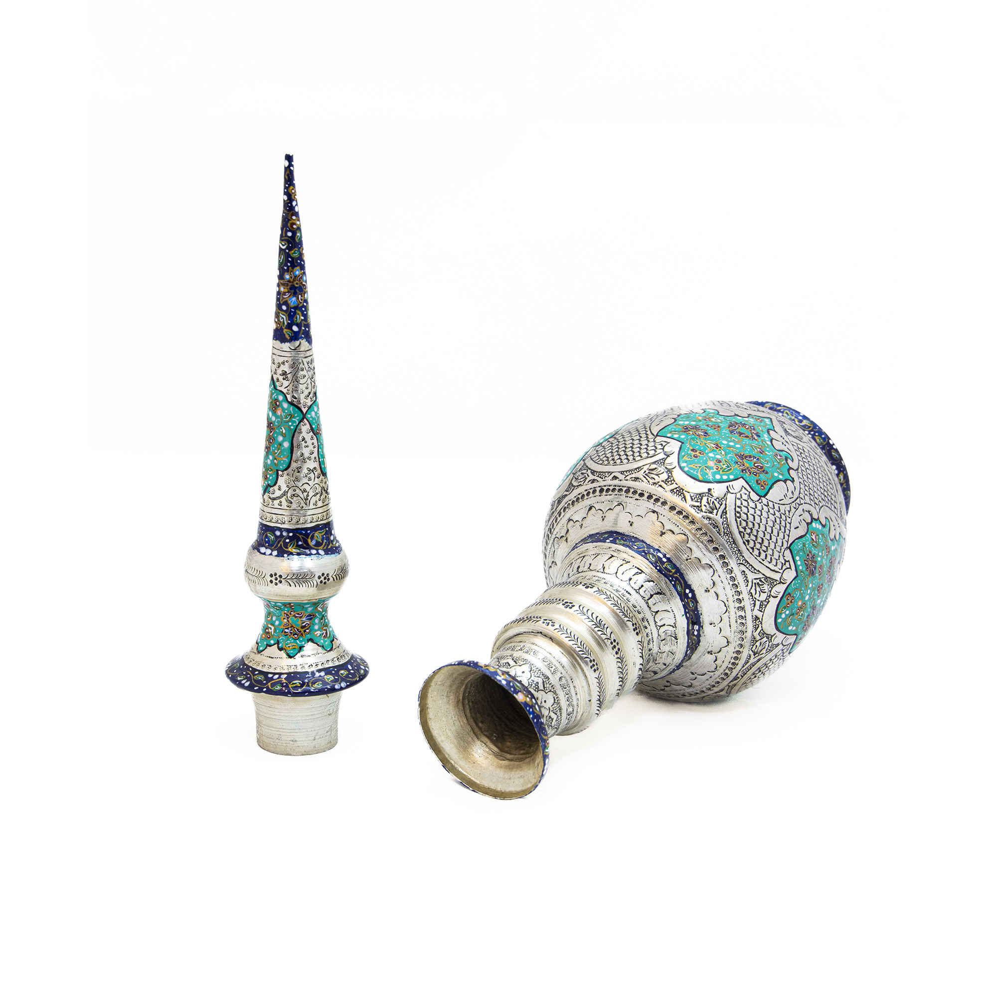 Bouteille décorative en cuivre décorative persane – Placage argenté et design illuminé (lot de 2)