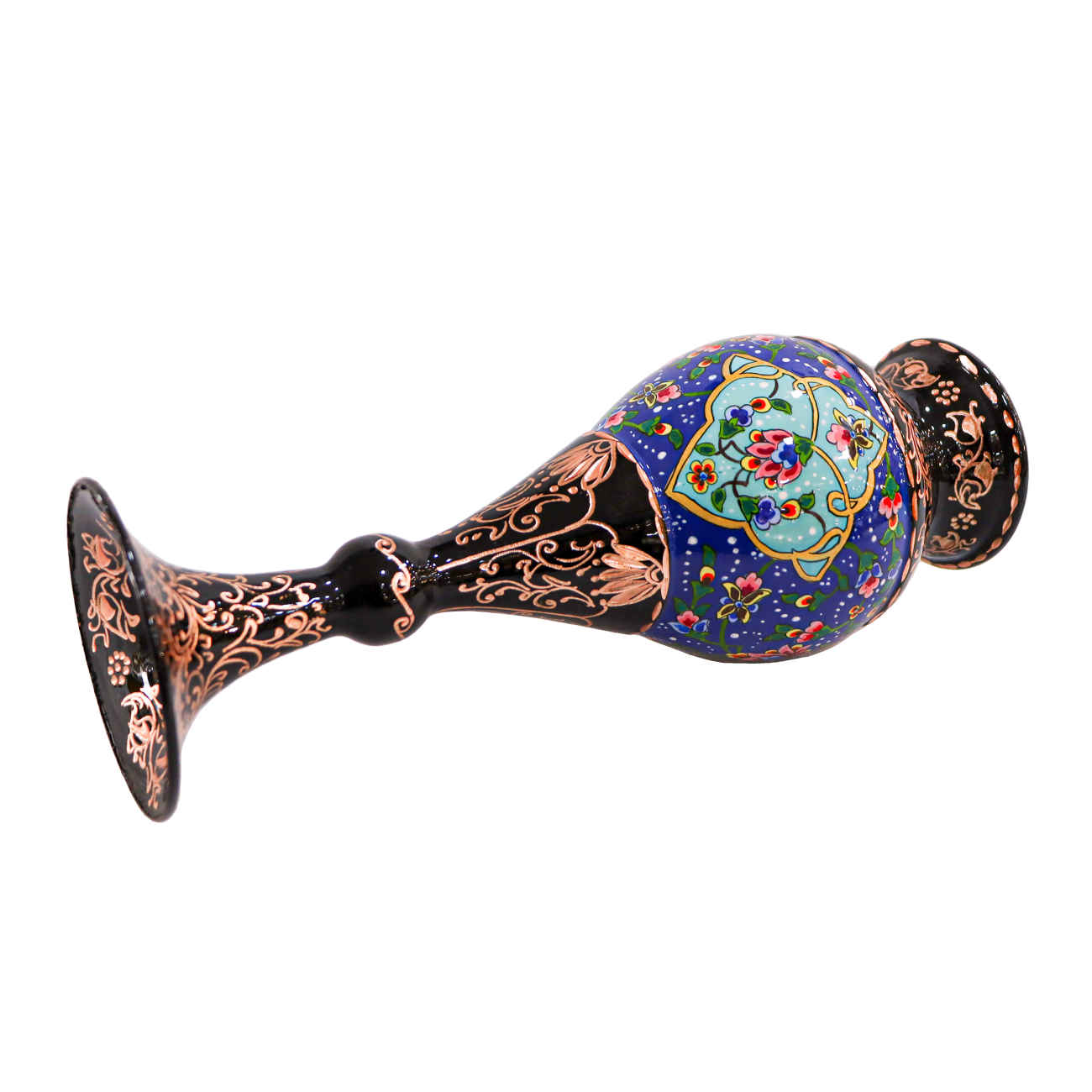 Vase décoratif en cuivre persan fait main avec design floral en noir