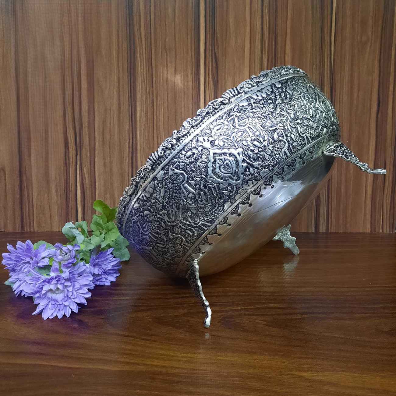 Bol décoratif en argent persan avec détails faits main – Idéal pour la décoration traditionnelle