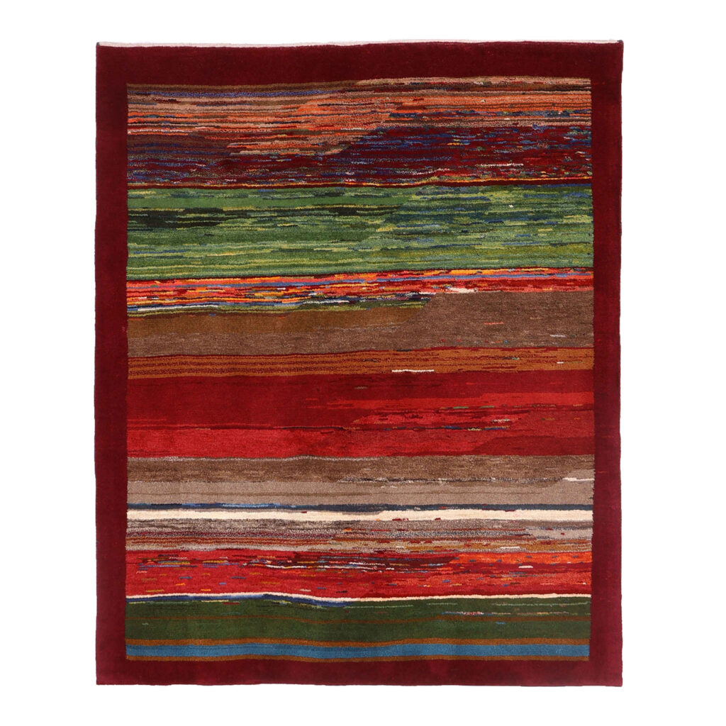 Tapis Gabbeh persan en laine tissé à la main dans le Shiraz, rayé bordeaux