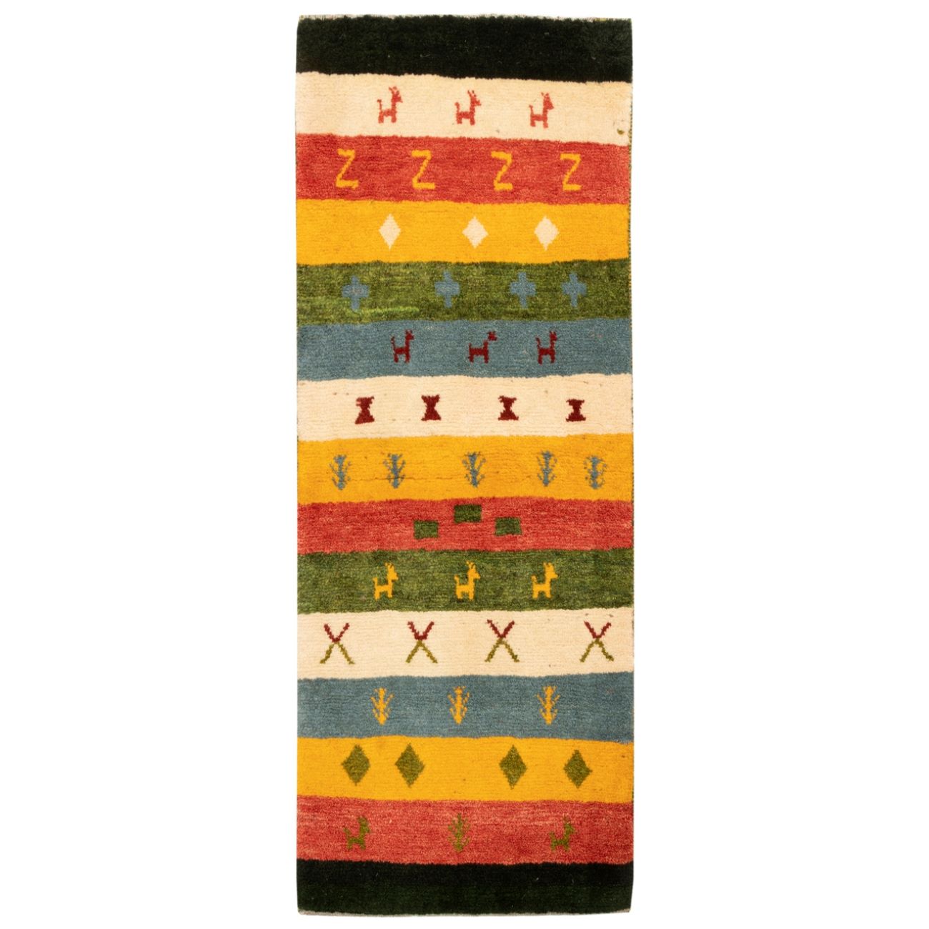 Tapis runner Gabbeh persan en laine tissé à la main dans le Fars, rayé avec motifs animaux