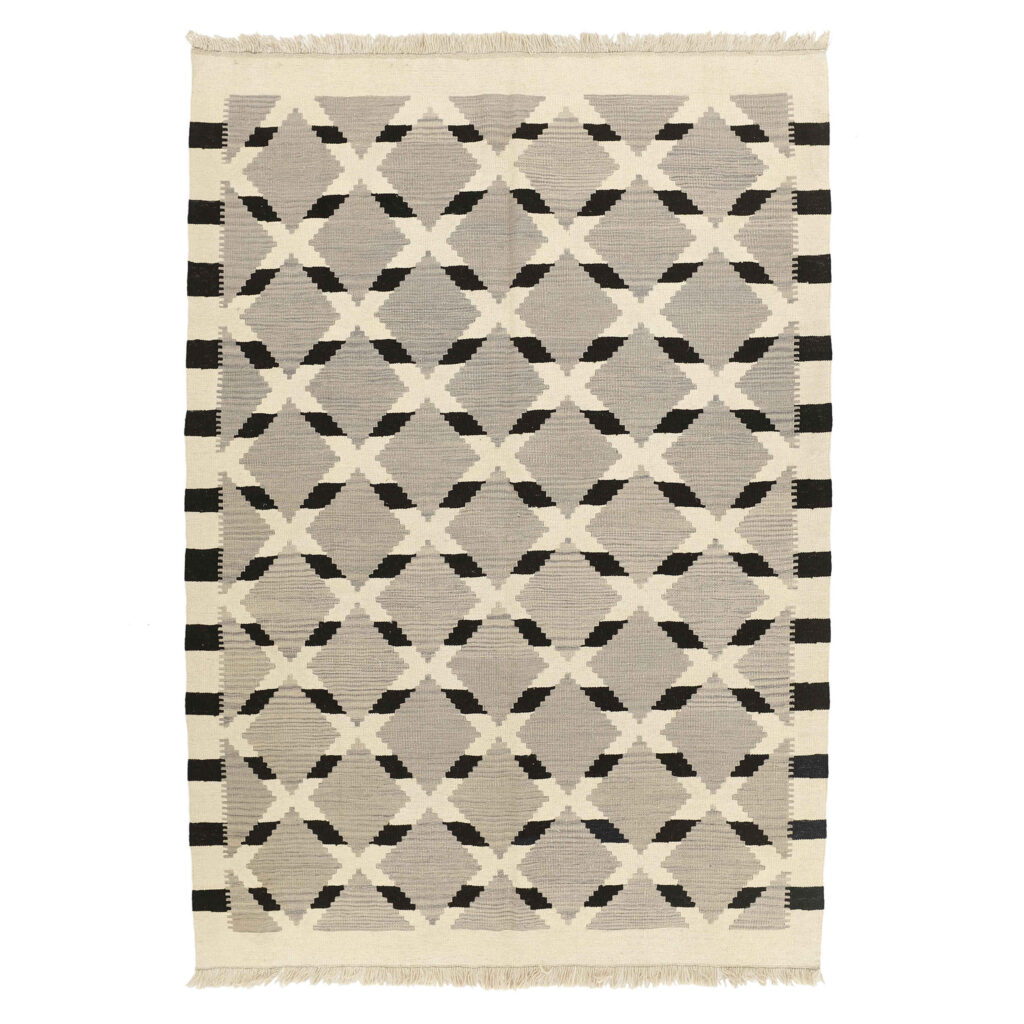 Tapis Kilim persan en laine tissé à la main original dans le Fars, géométrique crème