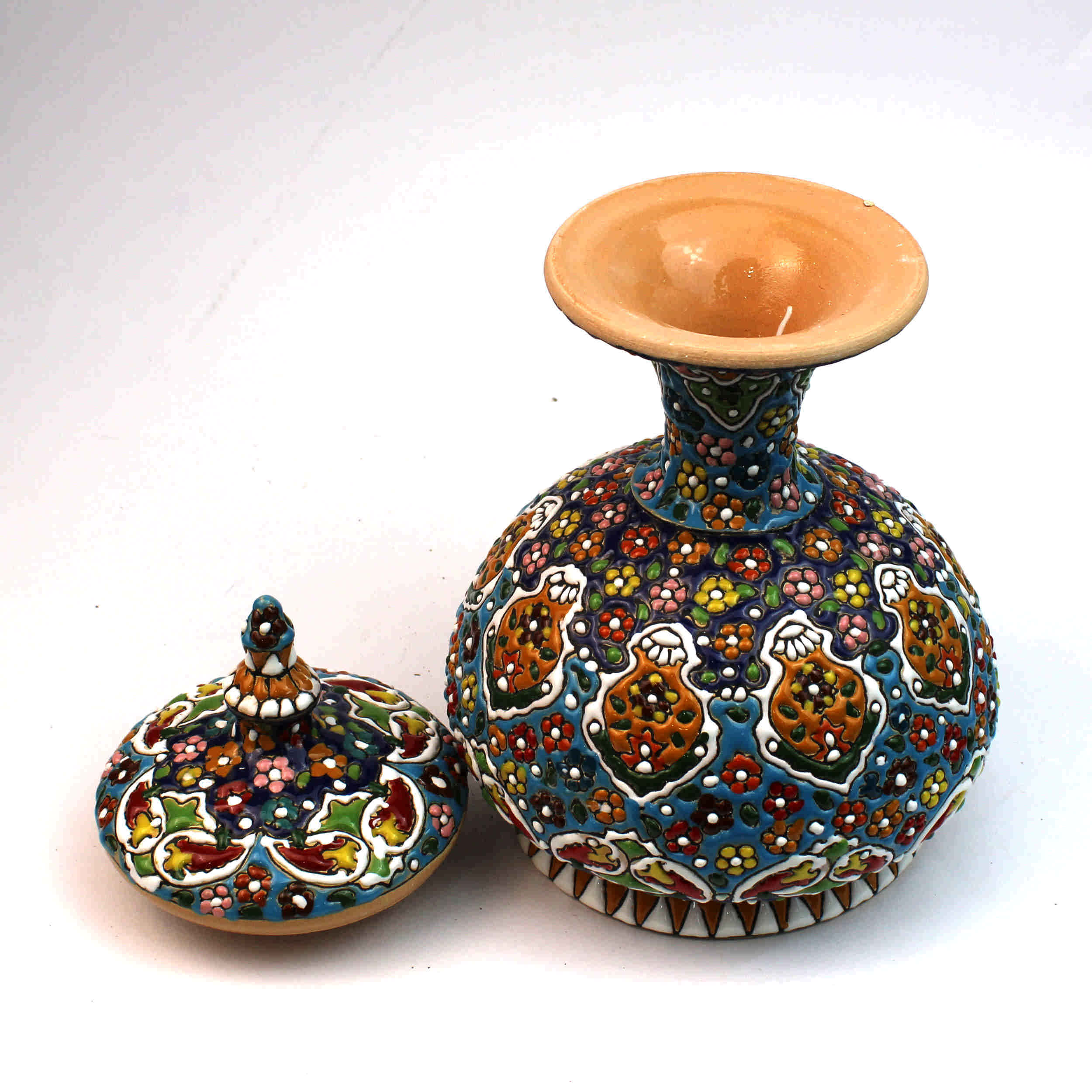 Sucrier Persan sur Pied en Poterie avec Couvercle – Minakari Émaillé avec Motif Floral