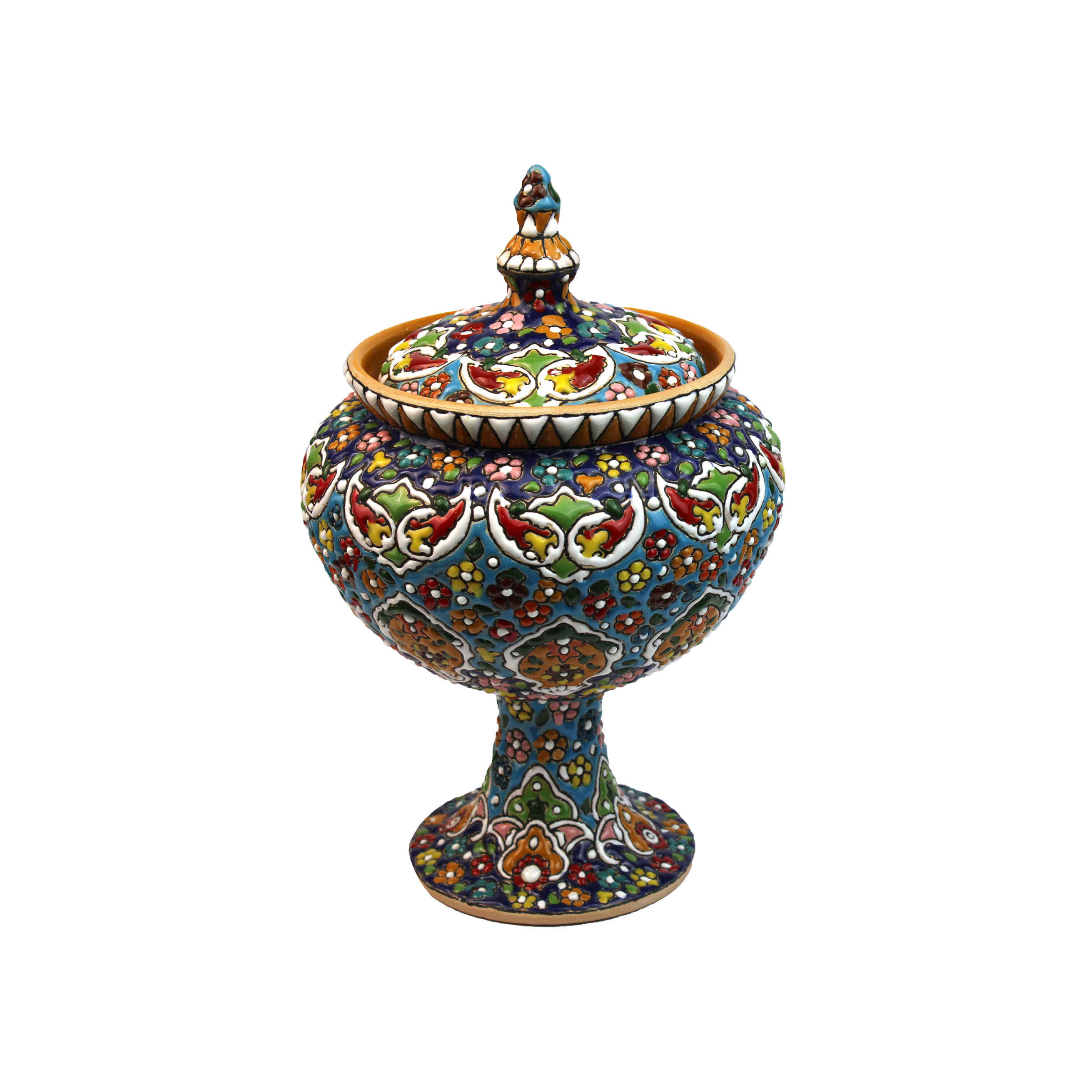 Sucrier Persan sur Pied en Poterie avec Couvercle - Minakari Émaillé avec Motif Floral