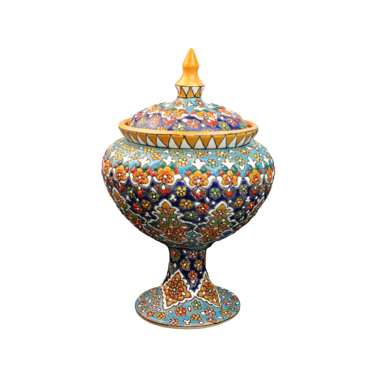 Sucrier Persan en Poterie avec Couvercle - Minakari Émaillé avec Motif Floral Paisley