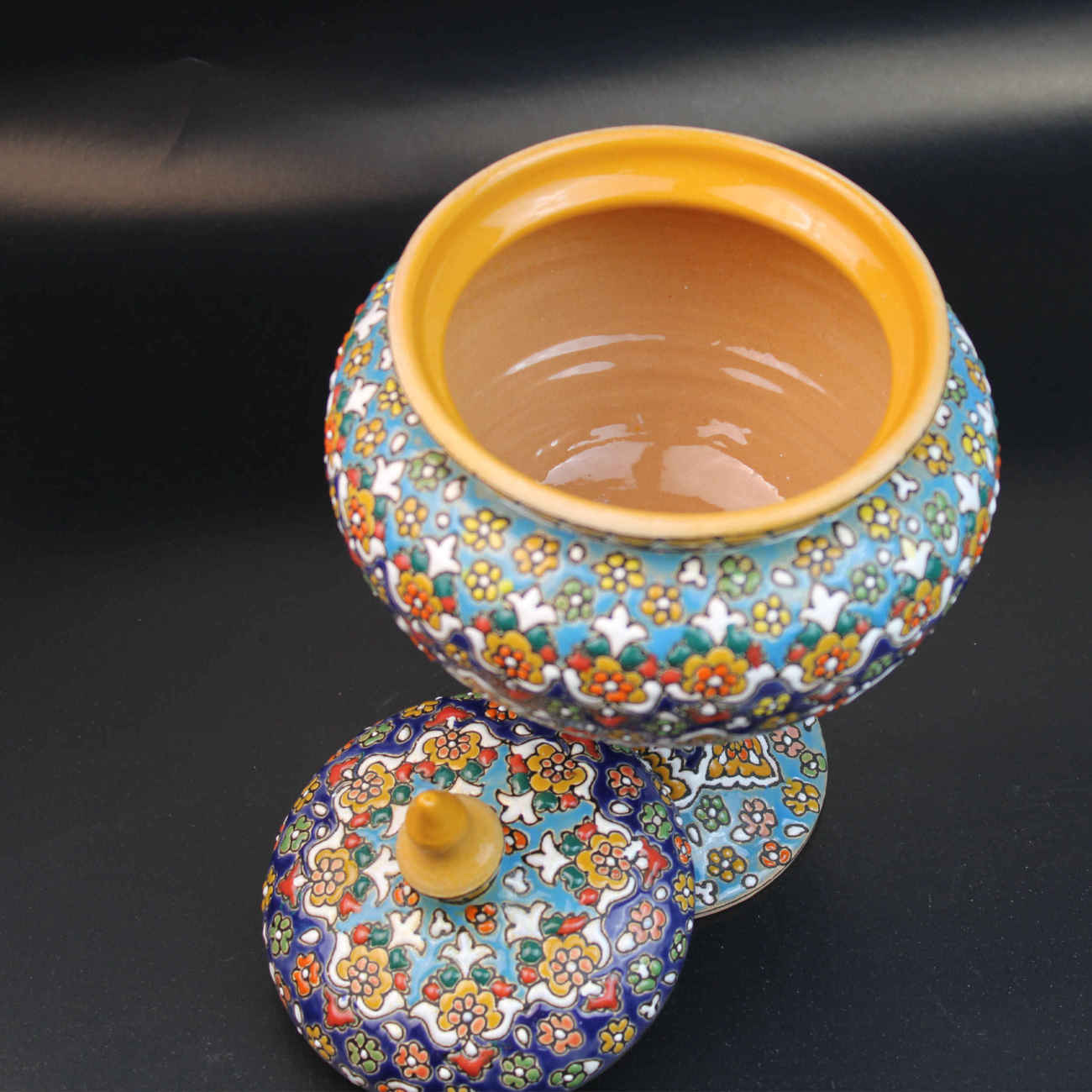 Sucrier Persan en Poterie avec Couvercle – Minakari Émaillé avec Motif Floral Paisley