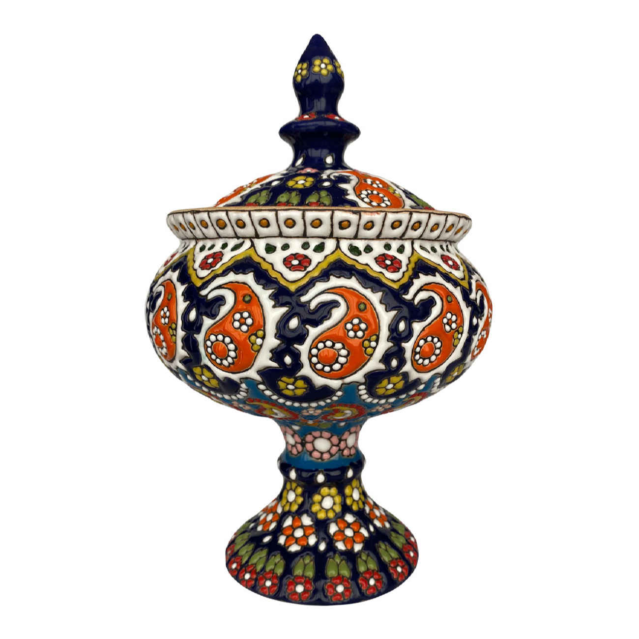 Sucrier Persan en Poterie avec Couvercle - Minakari Émaillé avec Motif Paisley