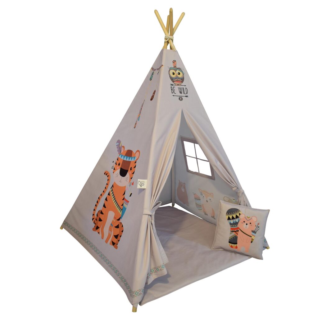 Tente de jeu style Teepee pour enfants avec design animal et coussin