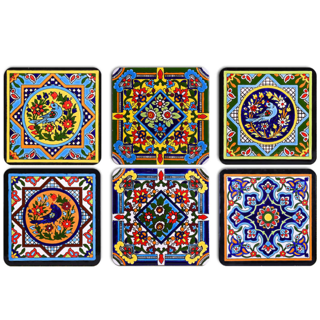 Ensemble de sous-verres artistiques - Modèle Carreau avec design d'oiseau et de fleur, pack de 6