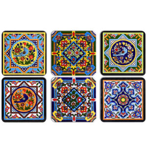 Ensemble de sous-verres artistiques – Modèle Carreau avec design d’oiseau et de fleur, pack de 6