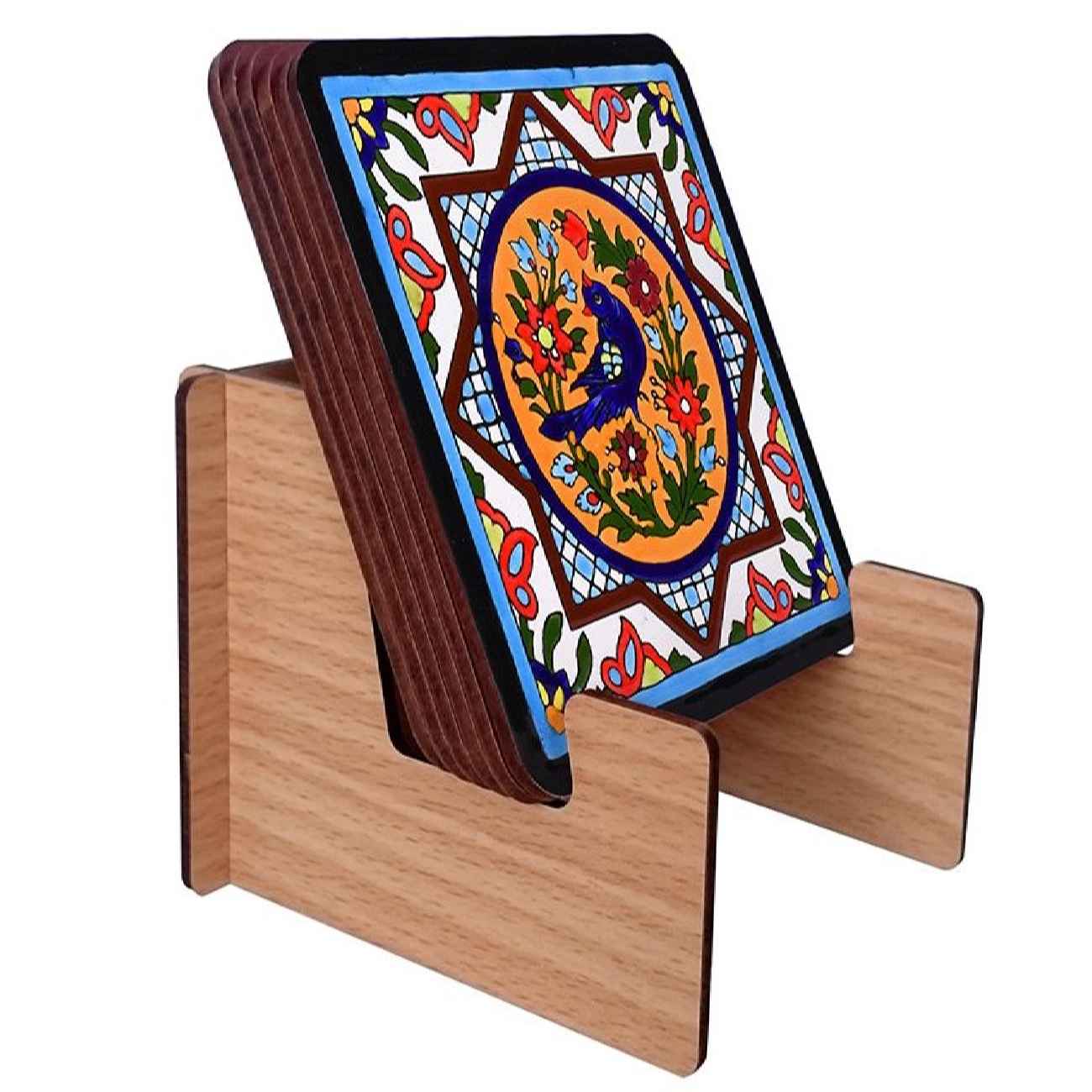 Ensemble de sous-verres artistiques – Modèle Carreau avec design d’oiseau et de fleur, pack de 6