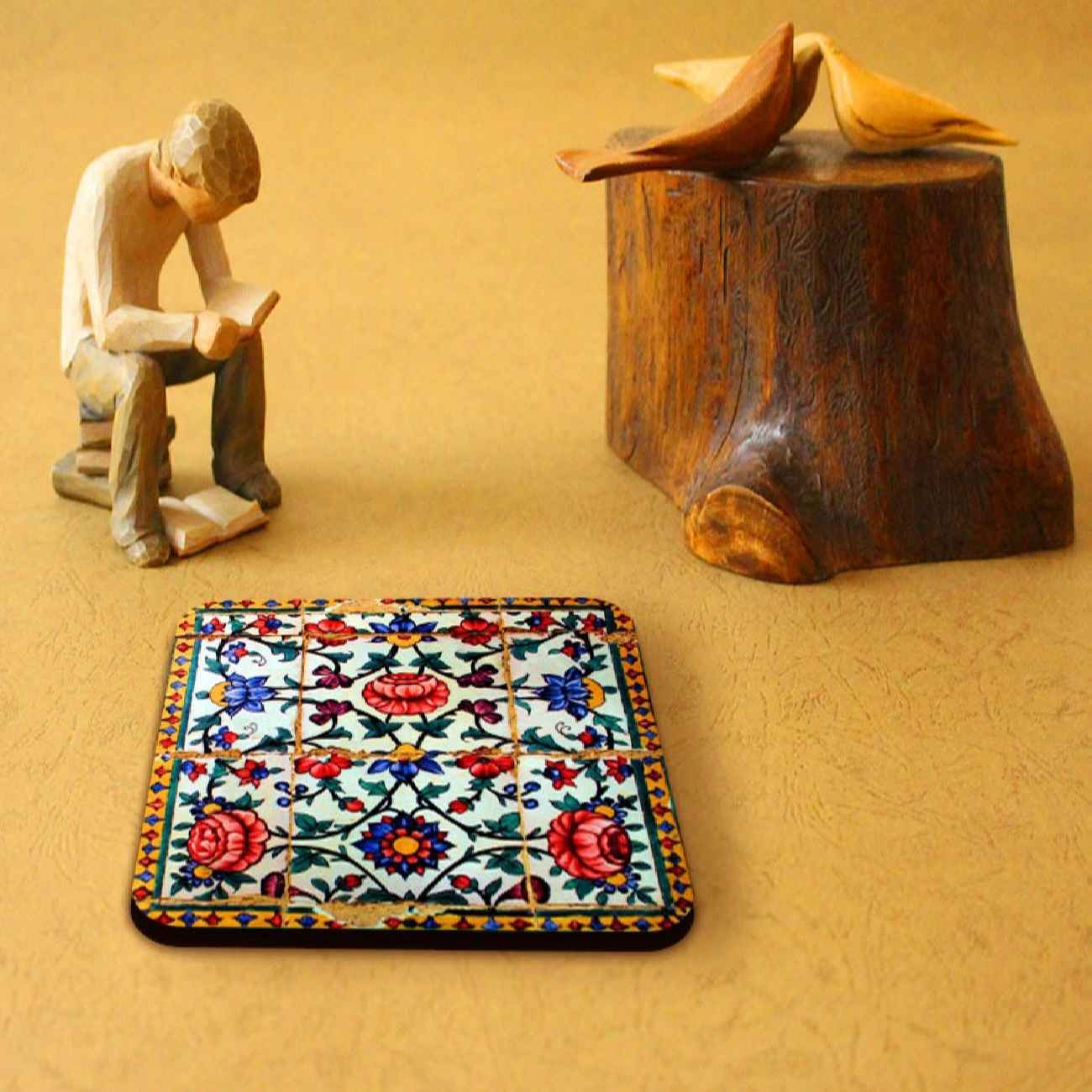 Ensemble de sous-verres artistiques – Modèle Carreau avec design floral, pack de 6