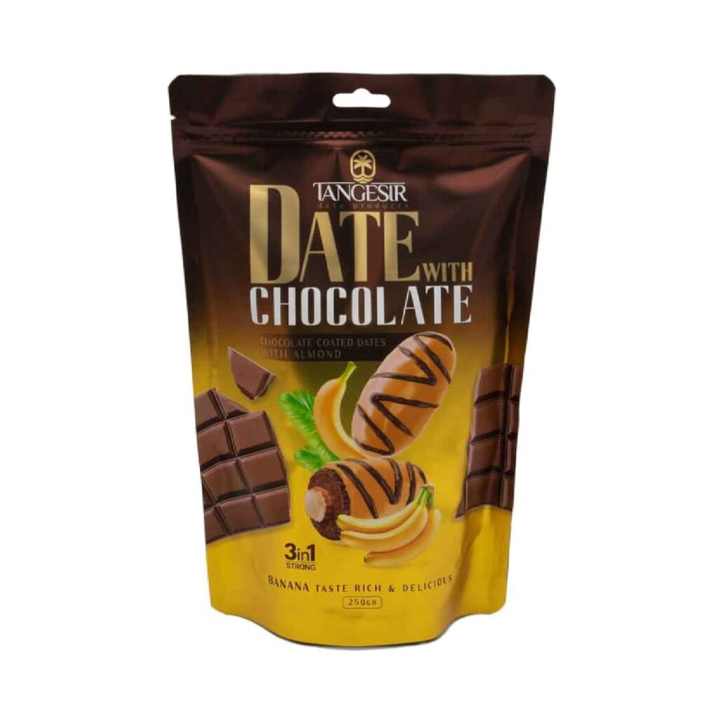 Dattes enrobées de chocolat avec garniture d'amandes et banane – 250g (x6)
