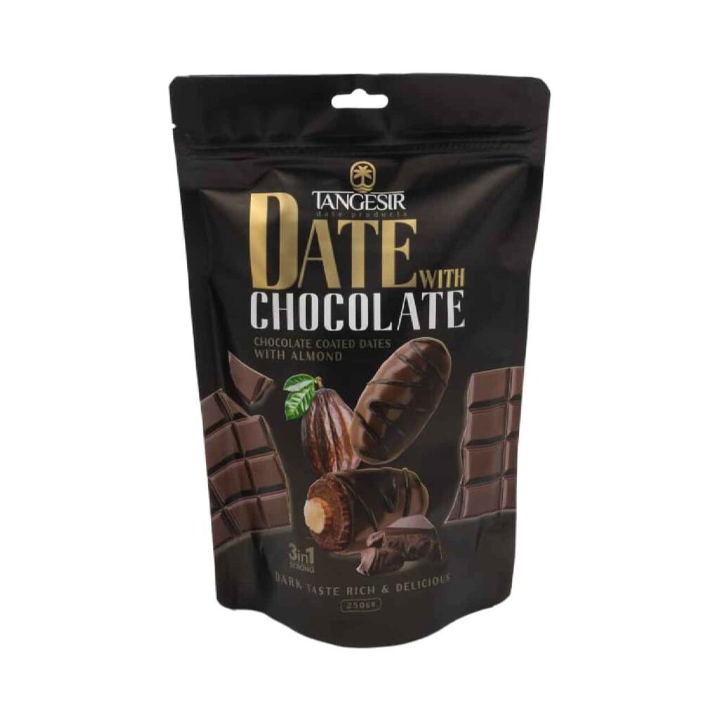 Dattes enrobées de chocolat noir avec amandes – 250g (x6)