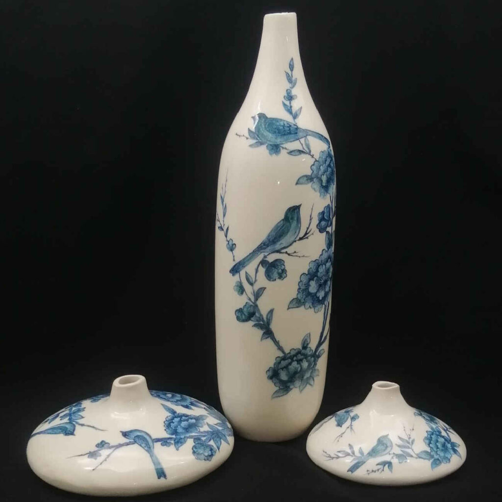 Vases en céramique persane décoratifs pour tiges, design oiseau et fleur, pour cadeau ou déco (x3).