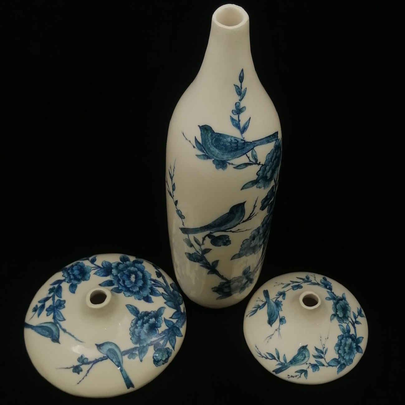 Vases en céramique persane décoratifs pour tiges, design oiseau et fleur, pour cadeau ou déco (x3).