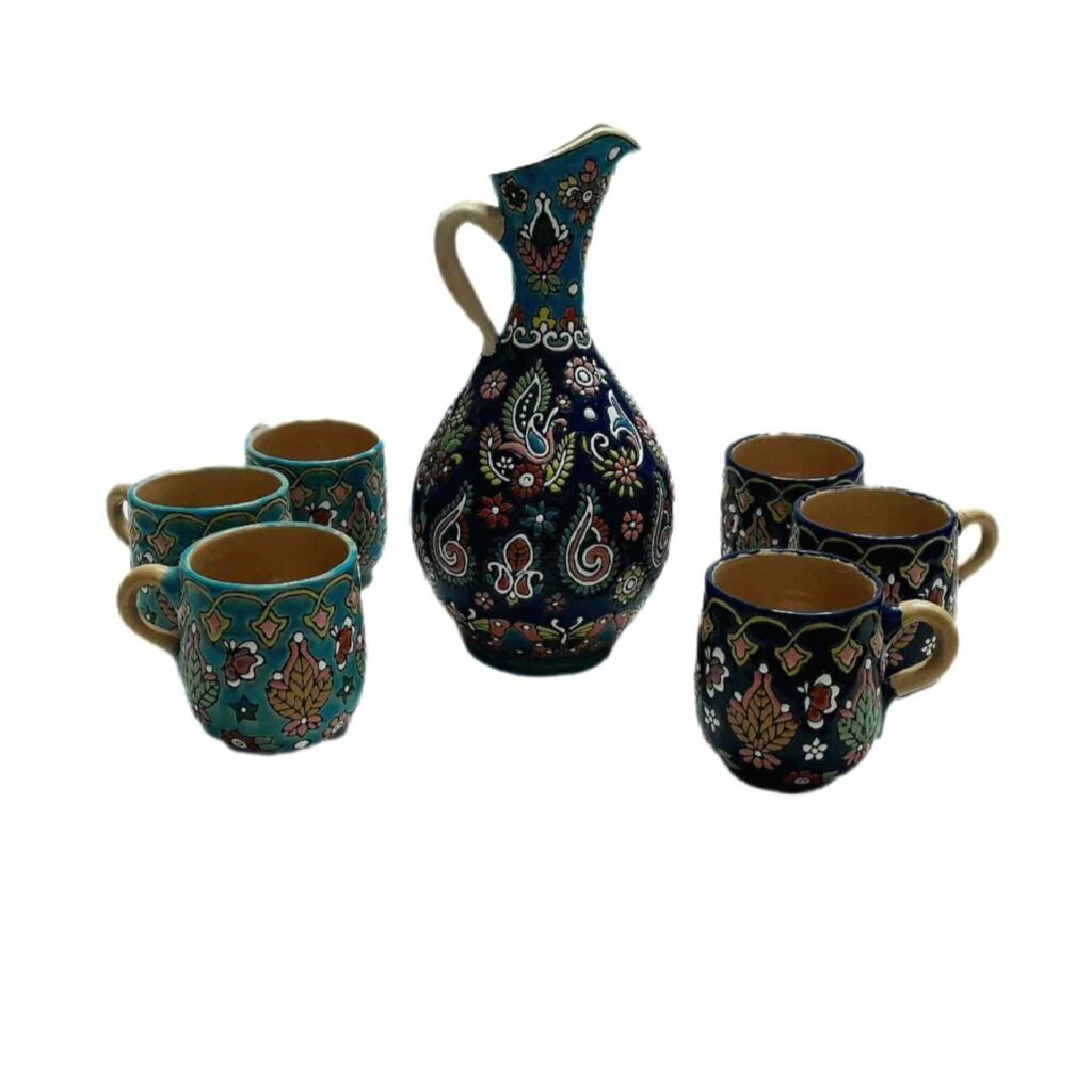 Ensemble Pichet et Verres en Poterie Émaillée Minakari - 7 pièces avec Motif Floral