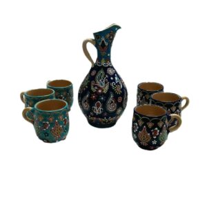 Ensemble Pichet et Verres en Poterie Émaillée Minakari – 7 pièces avec Motif Floral