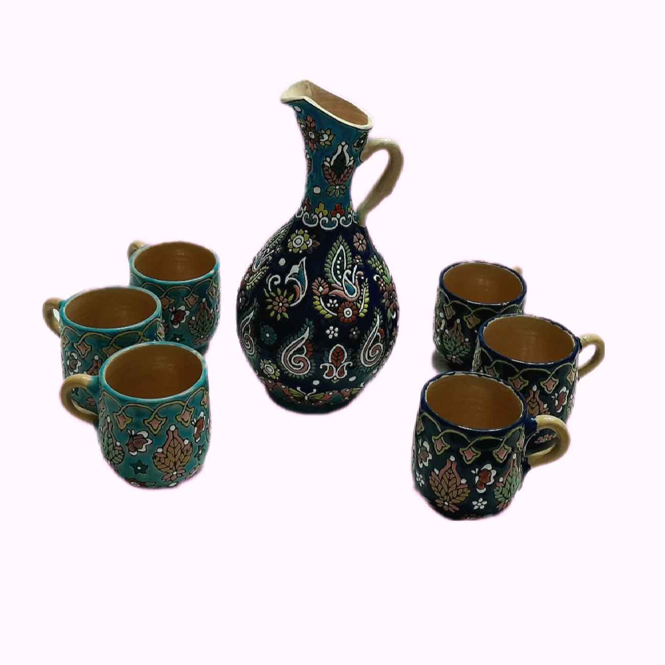 Ensemble Pichet et Verres en Poterie Émaillée Minakari – 7 pièces avec Motif Floral