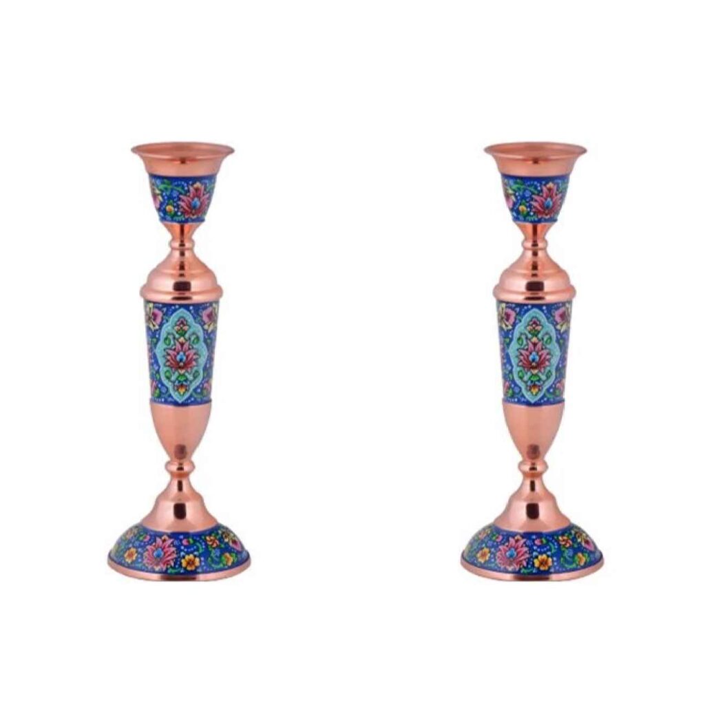 Bougeoir en cuivre persan fait à la main - Incrustation de turquoise avec design floral (x2)