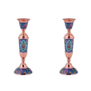 Bougeoir en cuivre persan fait à la main – Incrustation de turquoise avec design floral (x2)