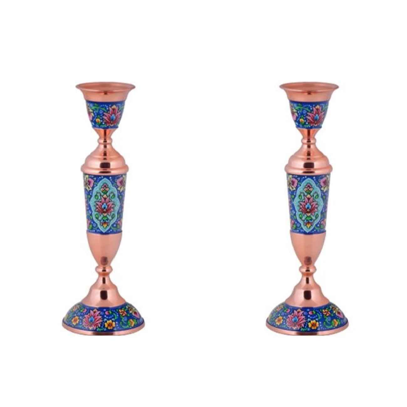 Bougeoir en cuivre persan fait à la main - Incrustation de turquoise avec design floral (x2)