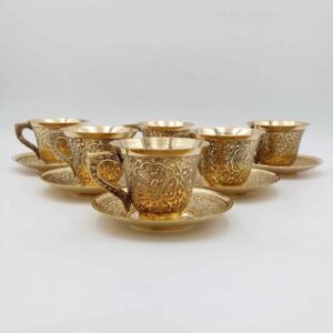 Service à thé et soucoupe persan en laiton avec motif paon doré (X6)