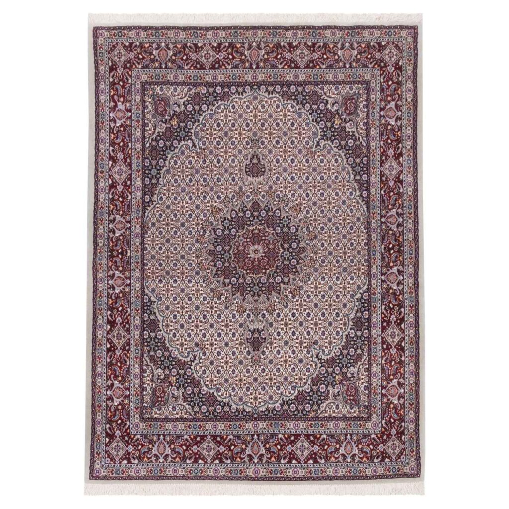 Tapis Persan en Soie et Laine, Original Noué à la Main à Birjand Riz Mahi