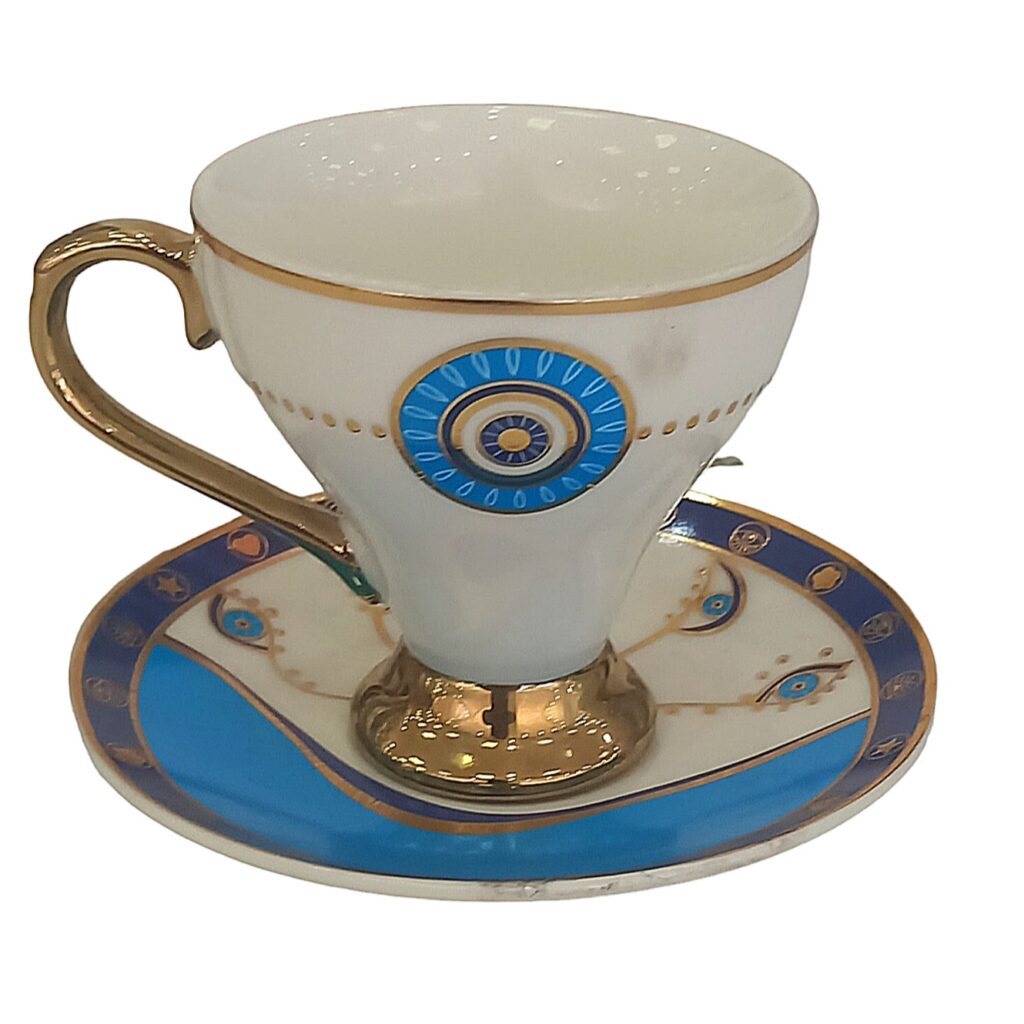 Tasse à expresso persane avec sous-tasse – Porcelaine avec design œil maléfique et style Demitasse – (ensemble de 6)