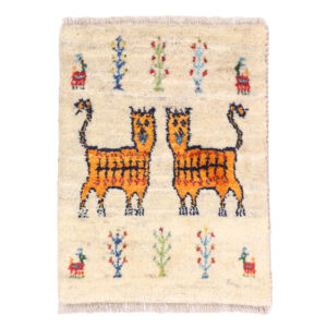 Tapis Gabbeh persan en laine tissé à la main dans le Shiraz, chats en crème