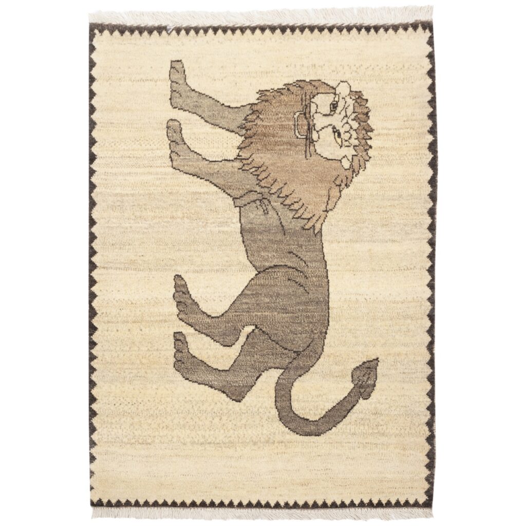 Tapis Gabbeh persan en laine tissé à la main authentique, lion crème