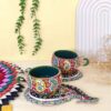 Tasse à Thé en Poterie Artisanale Persane Minakari avec Soucoupe Termeh (Motif Émaillé)